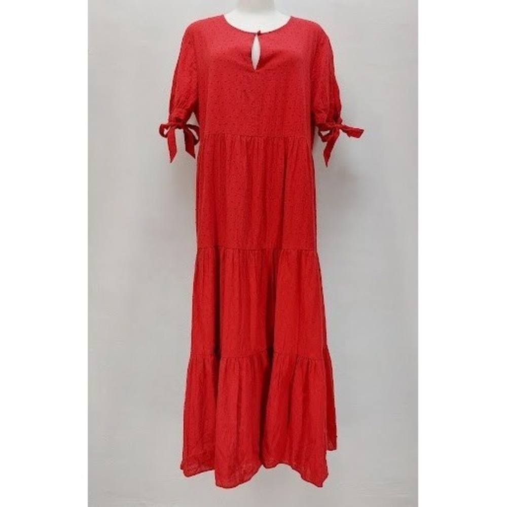 Madewell Tiered Maxi Dress Women's Large Red Clip Dot Sleeve Tie Cottagecore